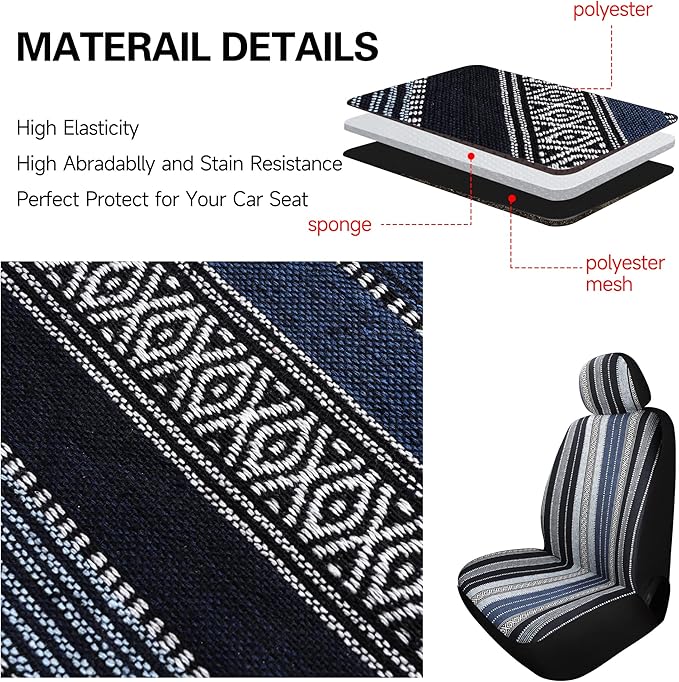HAIYAOTIMES Baja Saddle Blanket Car Seat Covers Front Set with Seat Belt Pads, Washable Breathable Seat Covers for Cars, Universal Fit Interior Covers for Most Sedan Truck SUV, Airbag Compatible, Blue