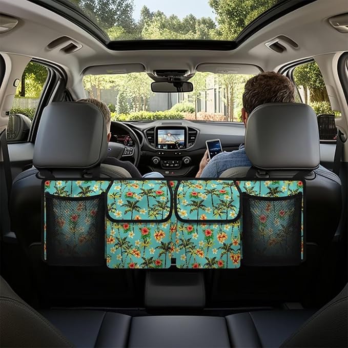 Green Coconut Palm Car Trunk Organizer Storage - Collapsible Pocket Automotive Expandable Sturdy Straps Folding Cargo Store for Auto Backseat