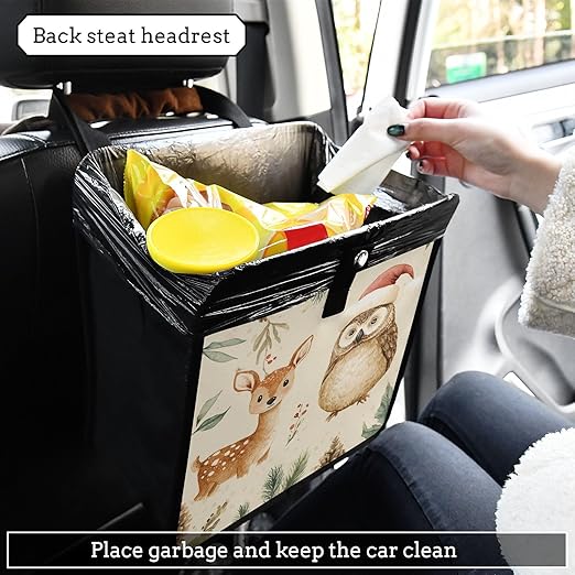 Car Trash Can Organizer Bin with Adjustable Strap for Back Front Seat Console Waterproof Leakproof Collapsible Portable 11 Inch Christmas Deer Owl Pinecorns Leaves Beige