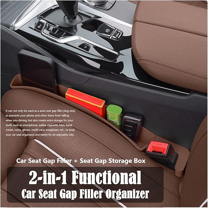 Berylins Seat Gap Storage Box for Your Car,Trucks, Auto Seat Gap Filler Organizer 2 Pack, Fill the Gap Space Between the Console and Side Seats, Universal Car Accessories Gap Storage Organizer, Brown