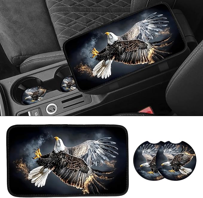 JANENFNA Car Armrest Cover Pads Universal Fashion Cute Auto Center Console Armrest Cover Pad with 2PCS Car Coasters Soft Waterproof Car Armrest Seat Protector for Women,Flaming Eagle