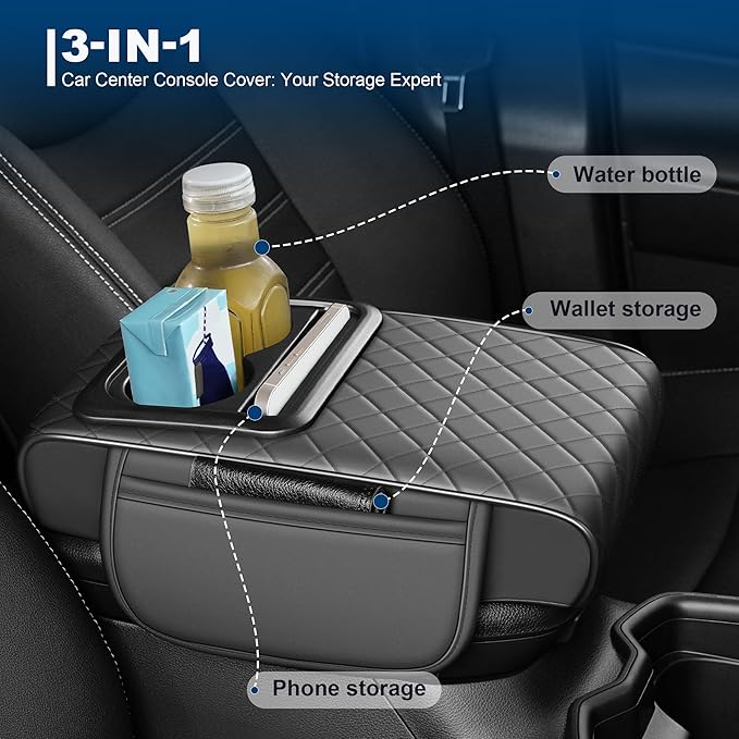 Car Center Console Cover Fit for Volkswagen Jetta Faux Leather Auto Armrest Box Cover with Cup Holder & Phone Holder Waterproof Leather Armrest Protector Cushion(Grey)
