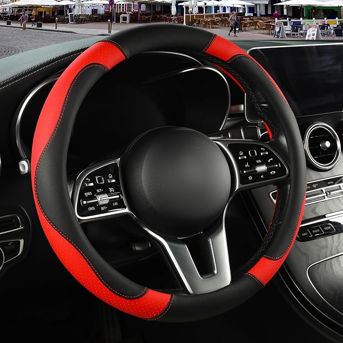 Binsheo Microfiber Leather Steering Wheel Cover, Breathable, Anti Slip, 13.5 inch to 14 inch, Black with Red