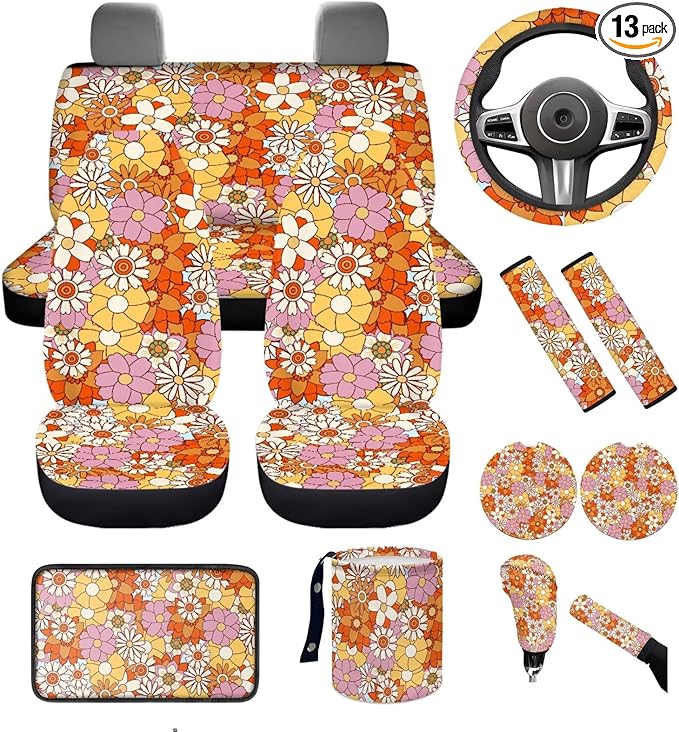 Dngkaoje Hippie Daisy Car Seat Cover Set 13 Pack Stylish Daisy Print Auto Front Rear Seat Protector Full Set Universal Car Accessories for Women with Seatbelt Pads,Steering Wheel Covers,Garbage Bin
