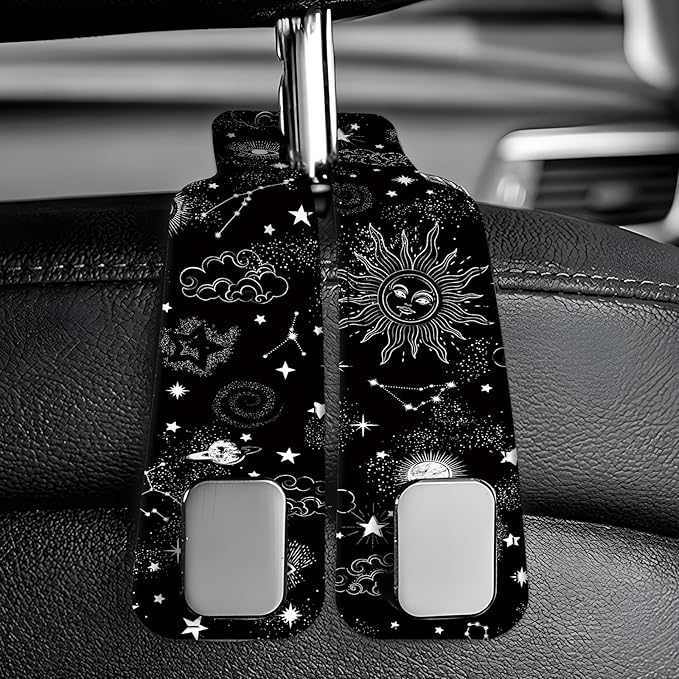 AXBSAKDI Car Seat Back Storage Headrest Hook, Premium Leather Double Metal Hook, Hanger Storage Organizer for Purse Cloth Bag, Car Interior Accessories Black White Sun Moon