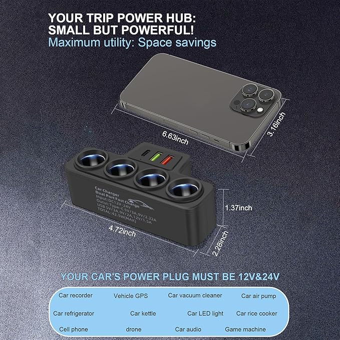 Multi-Function Cigarette Lighter Splitter, Cell Phone Car Charger, 4 Cigarette Lighter Sockets, 1 PD Fast Charger Port 2-Port USB Power Adapter for Cell Phones Adapter