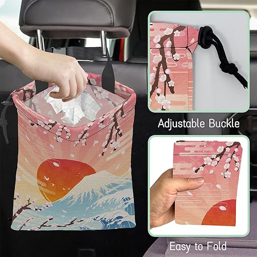 NHNXHWIA Plum Blossoms Car Trash Bag,Sunrise Hanging Drawstring Car Garbage Bag,Waterproof Canvas Car Back Seat Organizer with Adjustable Buckle,for Vehicles,SUVs,Camping,Road Trips