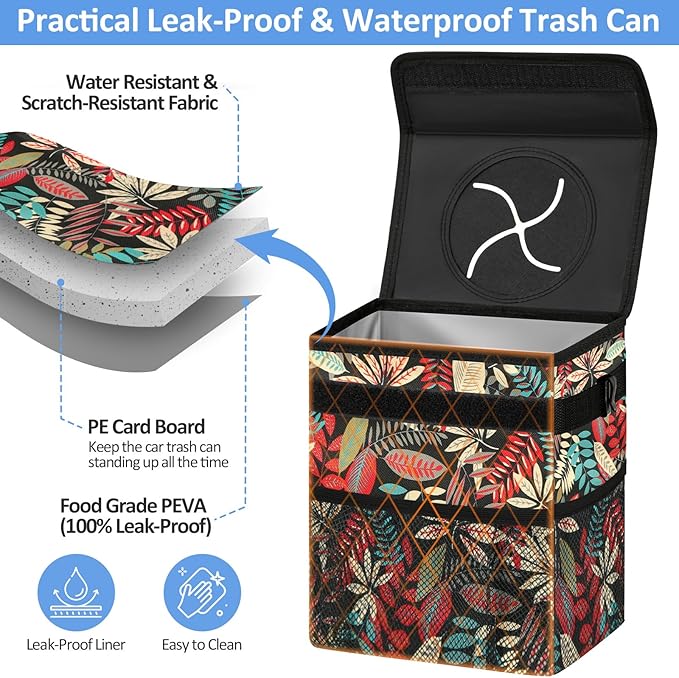 Car Trash Can Bin for Back Seat Leak Proof, Cute Car Trash Bag Hanging, Vehicle Trash Can for SUV Truck Van, Automotive Garbage Cans Front Seat Red Leaves, 2 Gallons
