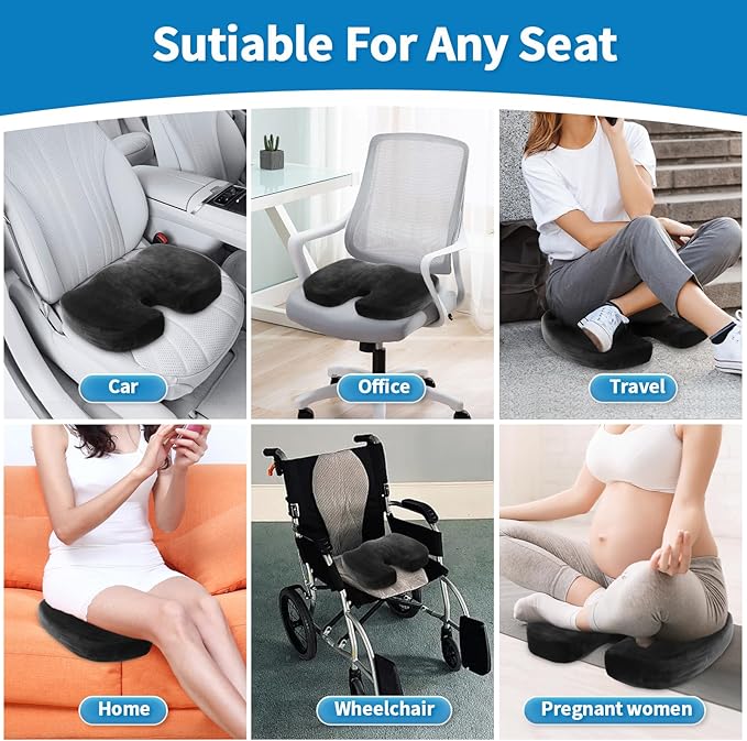 Memory Foam Seat Cushion for Sciatica Pain Relief, Posture Corrector for Office Chair, Car Seat & Wheelchair, Breathable Suede Cover with Non-Slip Bottom & Carrying Handle, Washable, Black