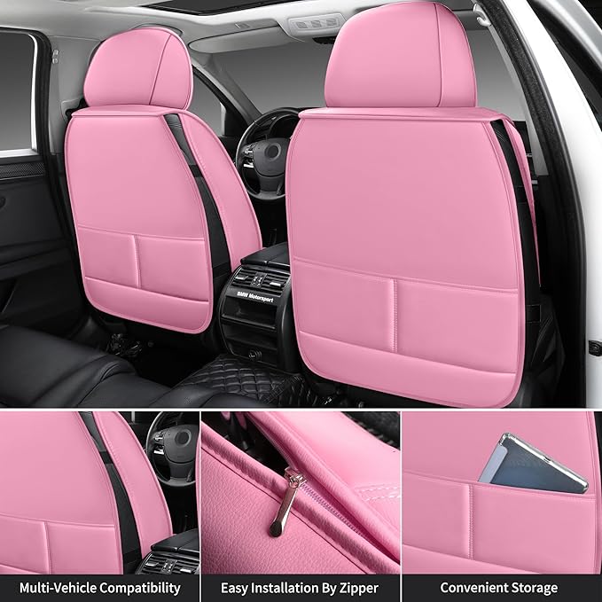 HighnessHwoo Luxury Car Seat Covers Full Set, Breathable Faux Leather Car Seat Protector, Dog Child Kids Summer Ventilated Seat Cushion for Front & Back Seats, Universal (Pink Black, 5 Seats)