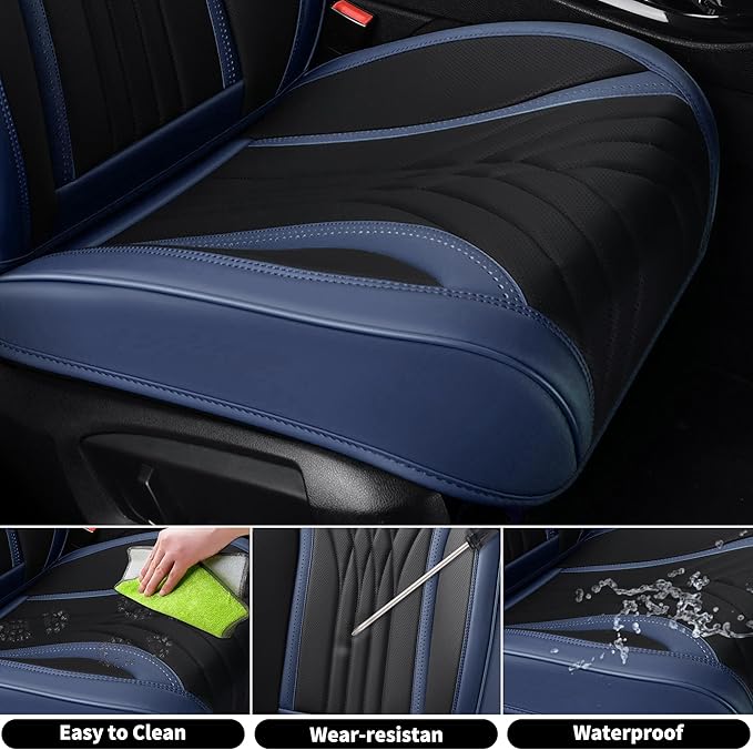 FLORICH Front Seat Covers Seat Covers, Waterproof Seat Cover for Cars, Luxury Leatherette Balck and Blue Car Seat Cushion, Automotive Seat Protector for Sedan SUV Pick-up Truck