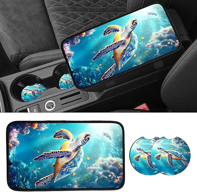 JANENFNA Car Armrest Cover Pads Universal Fashion Cute Auto Center Console Armrest Cover Pad with 2PCS Car Coasters Soft Waterproof Car Armrest Seat Protector for Women,Cute Turtle