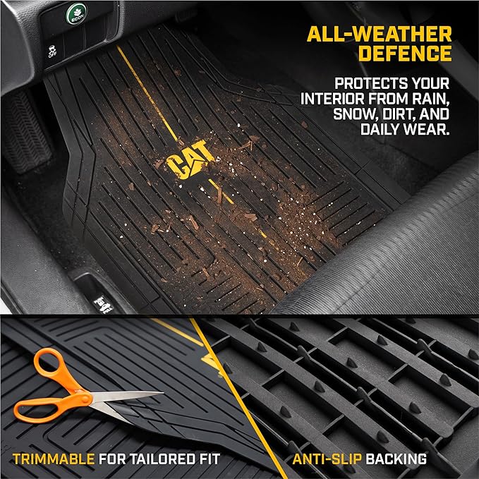 CAT® Signature™ Heavy-Duty 3-Piece All Weather Floor Mats for Cars, Trucks & SUVs – Trim-to-Fit Rubber Car Mats Full Set, Waterproof Automotive Floor Mats, Interior Accessories & Car Rug Protection