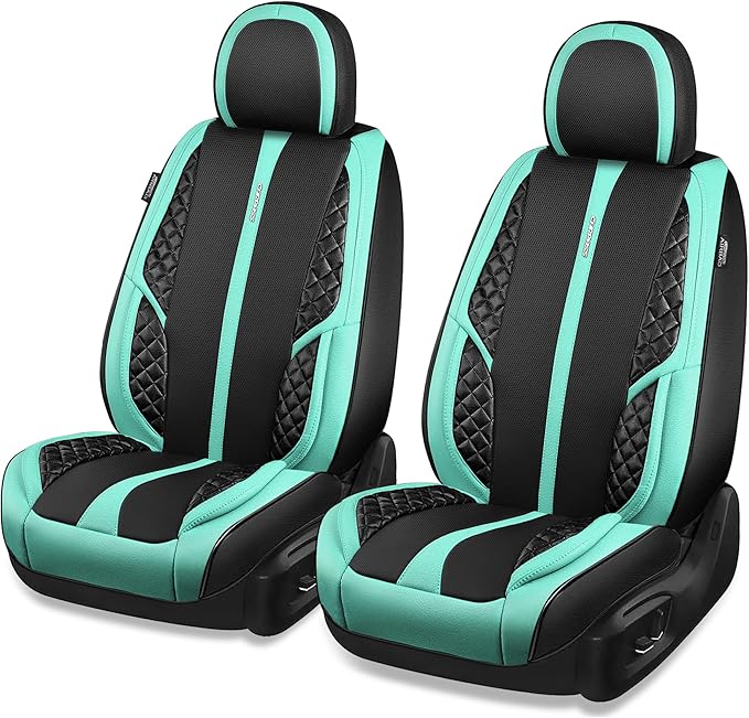 CAR PASS Nappa Leather Car Seat Covers Front Seats Only, Luxury PU Leatherette Seat Covers 2 Pack, Waterproof Durable Car Seats Cushion Protector, Universal Fit for Sedan SUV Truck Van(Black Mint)