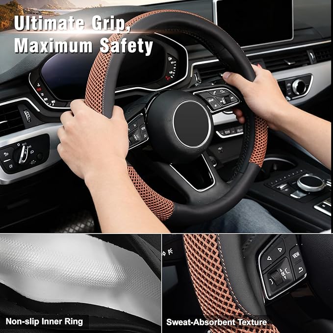 KAFEEK Steering Wheel Cover, Universal 15 inch, Microfiber Leather Viscose, Breathable, Anti-Slip,Warm in Winter and Cool in Summer, Black&Brown