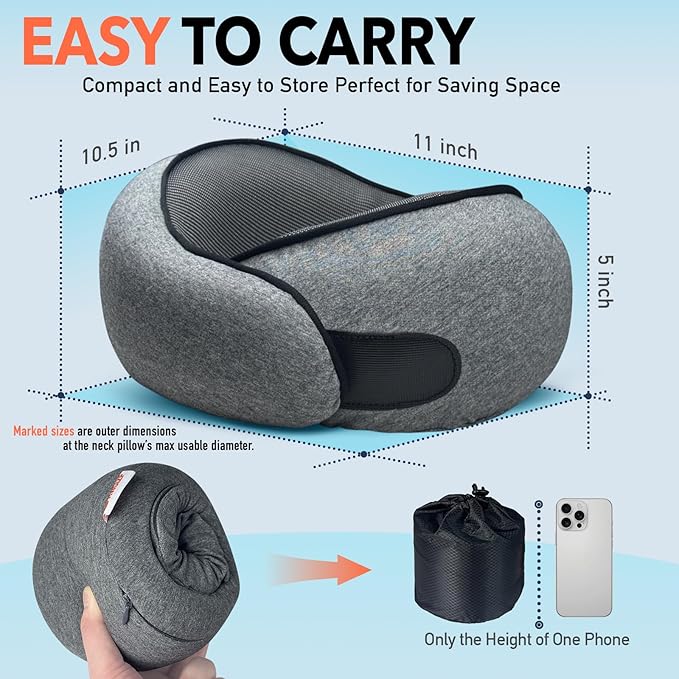 HWGIZP Travel Pillow | High-Density Memory Foam Pillow with 360° Surround Support. Ergonomically Designed. Ideal for Airplane Travel and Home Use.