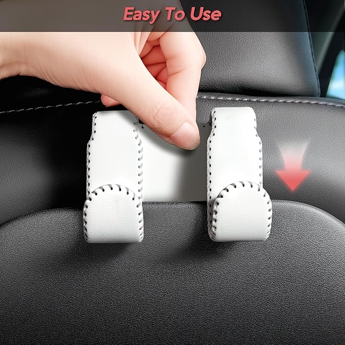 Car Seat Hooks for Tesla Model Y(Juniper) Model 3(Highland), Leather-Wrapped with Stainless Steel Core & Handmade Stitching, Purse Hanger Bag Holder, Automotive Seat Back Organizers (White-2 Pack)