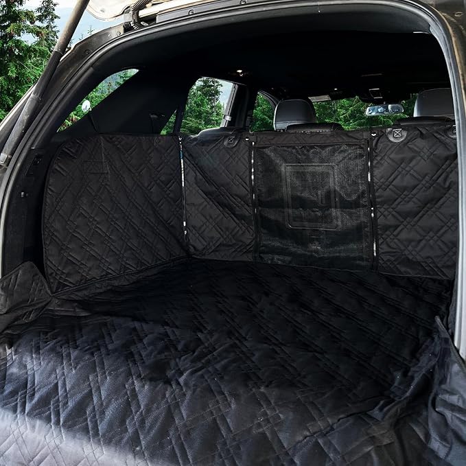 Bulldogology Cargo Mesh SUV Cargo Liner for Dogs – Waterproof Heavy Duty Pet Trunk Protector, 55″ x 106″ with Mesh Window & 60/40 Split Fit (XL, Black)