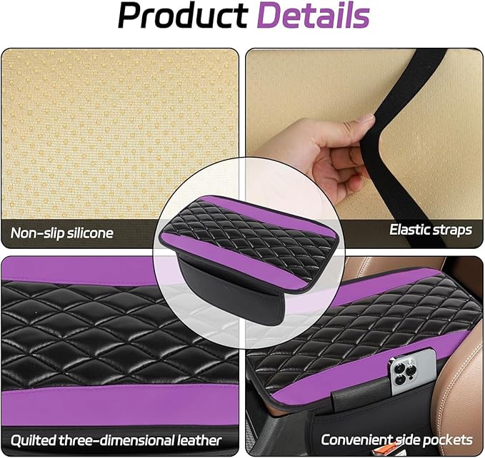 Car Center Console Cover for Acura MDX 2022 2023 2024, Memory Foam Arm Rest Cover Pad Comfortable Waterproof Armrest Cushion with 2 Storage Bags Universal Accessories,C/Purple
