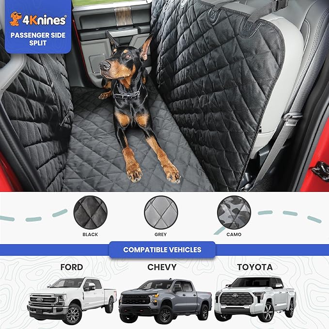 4Knines Dog Floor Hammock for Truck & Crew Cab with Fold Up Seats – Back Seat Pet Cover for Dogs – Compatible with Ford F-150, GMC, Chevrolet, Toyota Full Size Trucks (Passenger Side Split, Black)