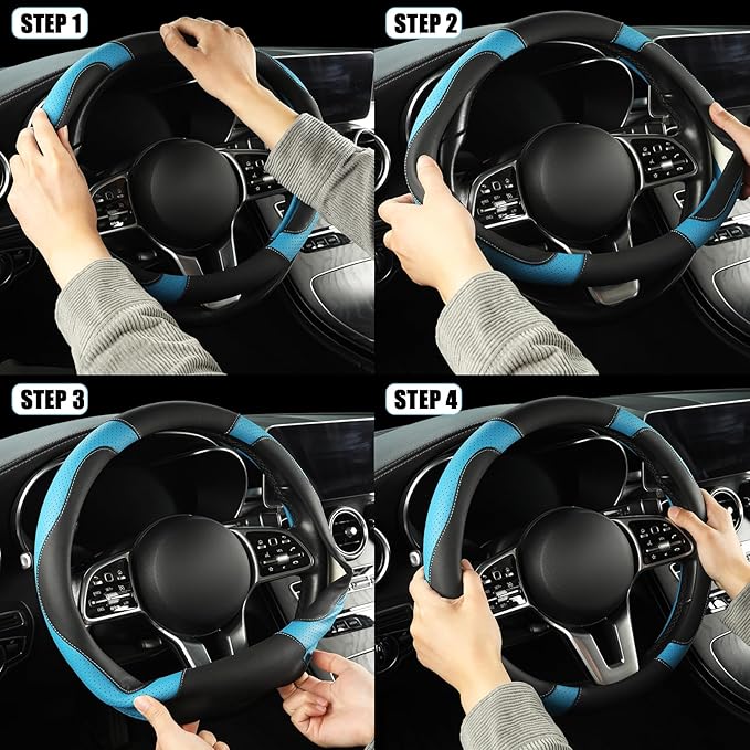 Binsheo Microfiber Leather D Shaped Steering Wheel Cover, Breathable, Anti Slip, Universal 15 inch, Black with Blue