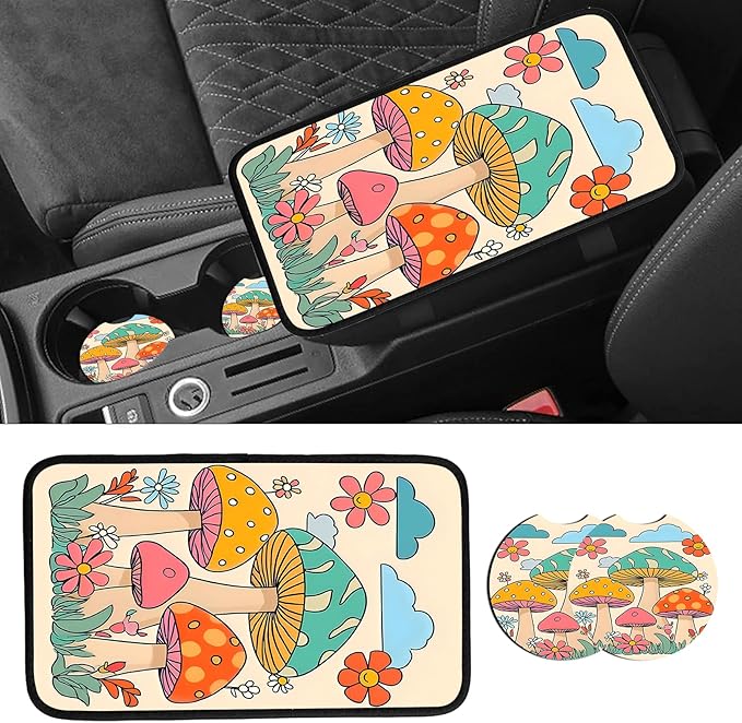 JANENFNA Car Armrest Cover Pads Universal Fashion Cute Auto Center Console Armrest Cover Pad with 2PCS Car Coasters Soft Waterproof Car Armrest Seat Protector for Women,Cute Mushrooms