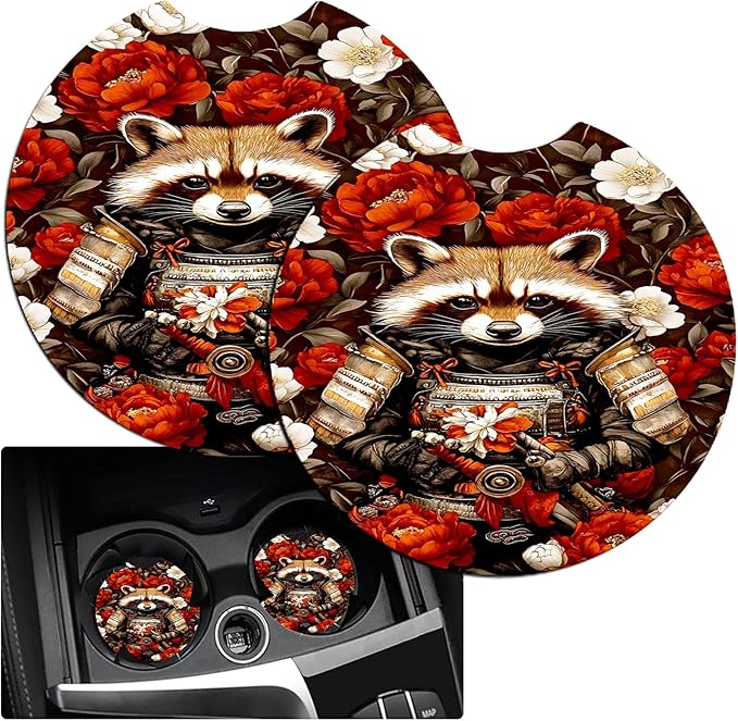 JANENFNA Car Armrest Cover Pads Universal Fashion Cute Auto Center Console Armrest Cover Pad with 2PCS Car Coasters Soft Waterproof Car Armrest Seat Protector for Women,Raccoon Warrior