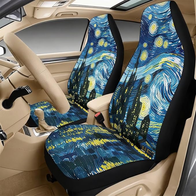 Qeluxign Starry Night Car Seat Cover Set with Armrest Cover Cushion PU Automotive Car Cover and Seat Belt Shoulder Straps Pad, Universal Fit for Truck Sedan SUV, Pack of 5