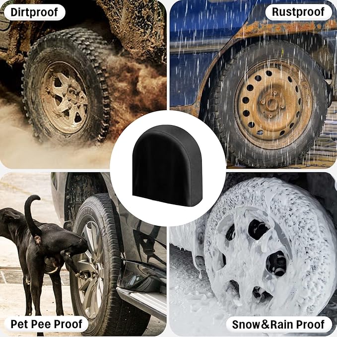 OutdoorLines Outdoor Waterproof Tire Covers Set of 4 - UV-Proof Trailer Wheel Cover Windproof Tire Protector for RV Jeep Trailer Camper Van Truck, Universal Tire Covering Fits Diameters 27"-29", Black