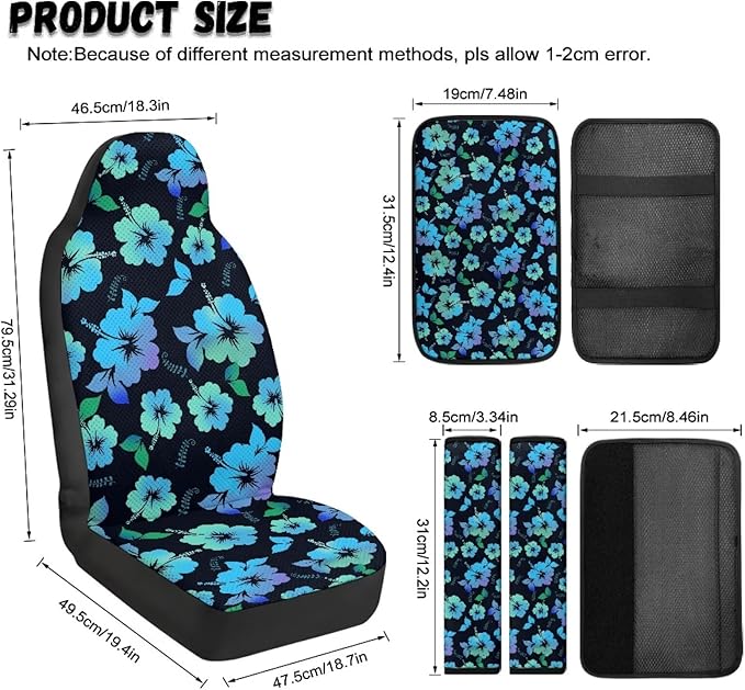Psesaysky Universal Leather Car Seat Covers Set, Blue Hibiscus 2 Front Seat Protectors + 2 Seat Belt Pads + 1 Center Console Armrest Cover (5 Pieces Full Set)