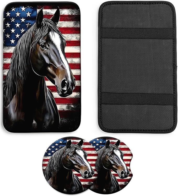 JANENFNA Car Armrest Cover Pads Universal Fashion Cute Auto Center Console Armrest Cover Pad with 2PCS Car Coasters Soft Waterproof Car Armrest Seat Protector for Women,Flag and Black Horse