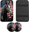JANENFNA Car Armrest Cover Pads Universal Fashion Cute Auto Center Console Armrest Cover Pad with 2PCS Car Coasters Soft Waterproof Car Armrest Seat Protector for Women,Flag and Black Horse