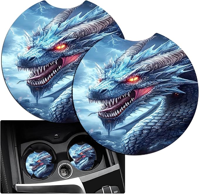JANENFNA Car Armrest Cover Pads Universal Fashion Cute Auto Center Console Armrest Cover Pad with 2PCS Car Coasters Soft Waterproof Car Armrest Seat Protector for Women,Ice Dragon