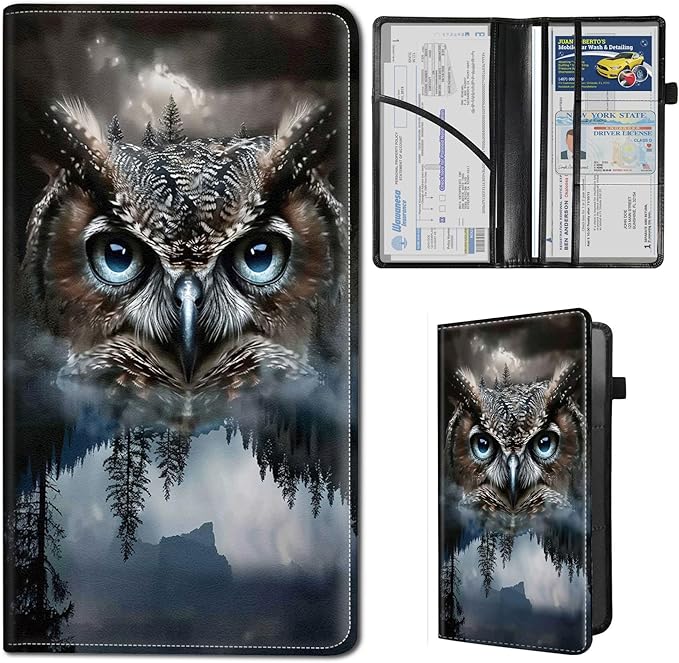 Qindaiwen Car Registration and Insurance Holder, Vehicle Card Document Elastic Band Closure Glove Box Organizer, Driver License Cards, Car Accessories for Essential Info, Owl