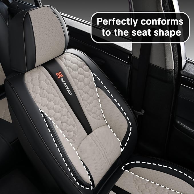 Wertigen Black and Grey PU Leather Car Seat Covers - Luxury Waterproof Car Seat Covers with Lumbar Support, Non-Slip Base, Airbag Compatibility, Easy Installation and Cleaning