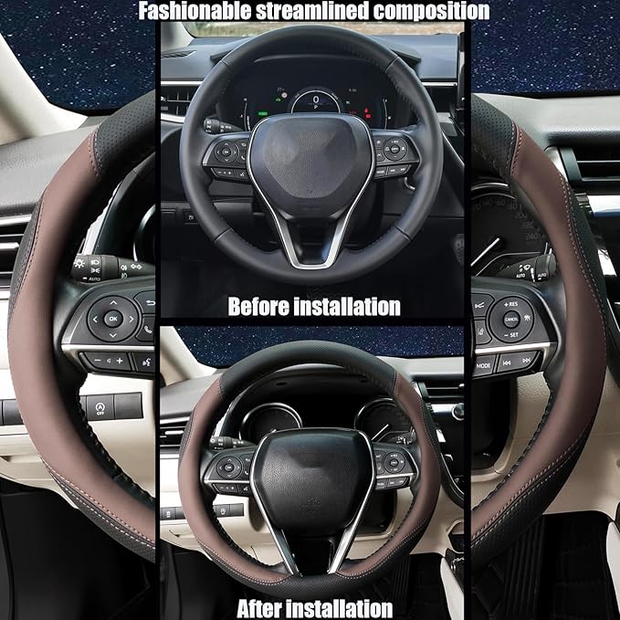 Mihecor Steering Wheel Cover Standard Size 14.5-15 inch, Breathable Microfiber Leather, Anti-Slip, Soft Grip, Fits Most Cars, SUVs, and Trucks, Black and Chocolate Brown