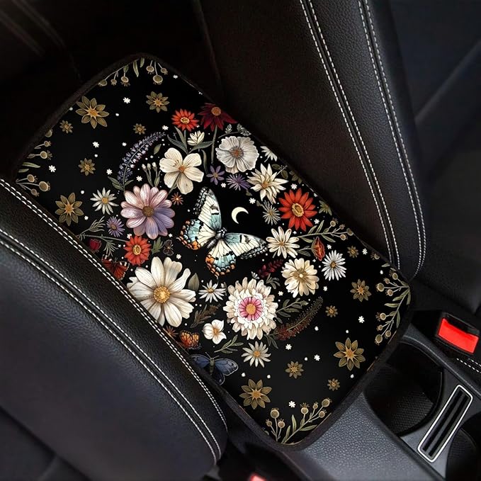 Mintutlipy Butterfly Daisy Flower Car Armrest Cover Car Arm Rest Pad Car Interior Accessories for Girls Women Dust Proof Car Center Console Protector