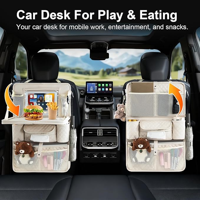 Rosynee Car Backseat Organizer with Foldable Table Tray - 11 Storage Pockets PU Leather Back Seat Organizer with Tablet Holder, Seat Back Protector for Kids Family Road Trip Travel Accessories (Beige)
