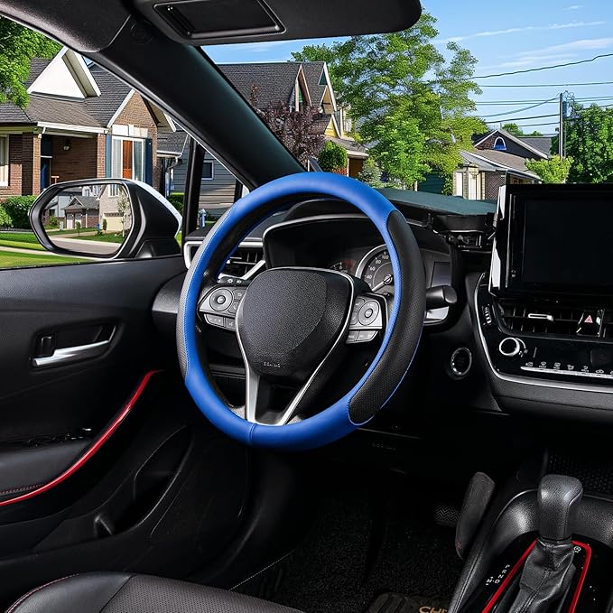 SEG Direct Steering Wheel Cover for 14.5-15 inch Wheels, Breathable PU Leather with Perforated Sides, Anti-Slip Grip, Universal Fit for Cars & SUVs, Black and Blue