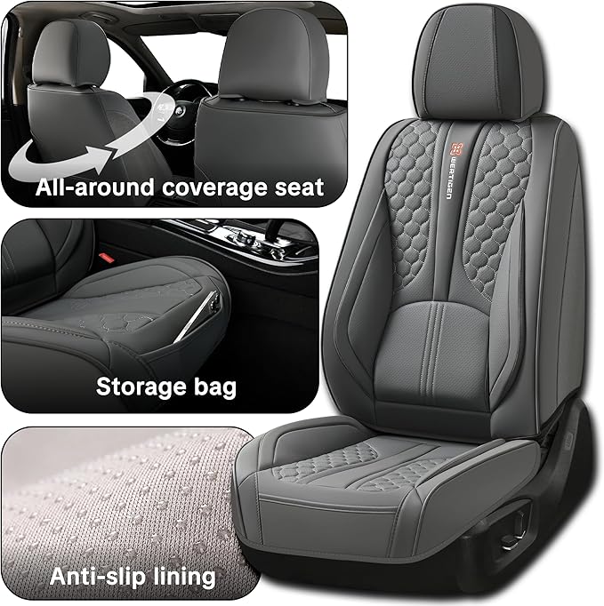 Wertigen Universal Gray Leather Car Seat Covers Full Set – Waterproof Automotive Seat Protector for Cars, SUVs & Pickups, Airbag Safe, Non-Slip Design, Easy Installation, Durable Material