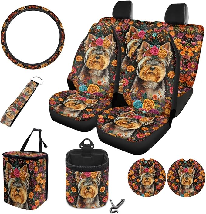 Yorkshire Terrier Print Car Interior Accessories Sets, Flower Print Front Seat Covers and Rear Split Bench Seat Cover, Steering Wheel Protector, Universal Fits for Most Cars SUV Truck Sedan