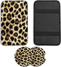 JANENFNA Car Armrest Cover Pads Universal Fashion Cute Auto Center Console Armrest Cover Pad with 2PCS Car Coasters Soft Waterproof Car Armrest Seat Protector for Women,Leopard Pattern