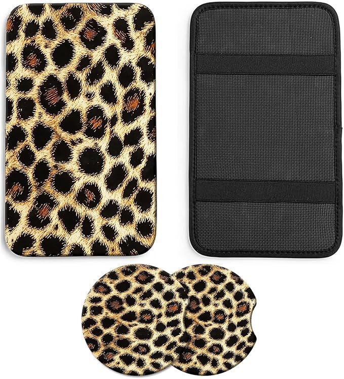 JANENFNA Car Armrest Cover Pads Universal Fashion Cute Auto Center Console Armrest Cover Pad with 2PCS Car Coasters Soft Waterproof Car Armrest Seat Protector for Women,Leopard Pattern