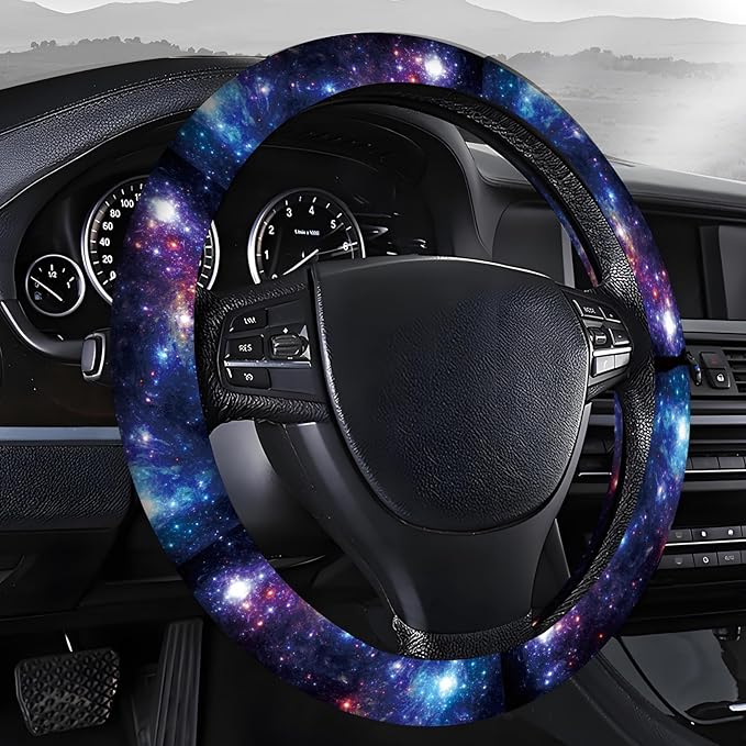 Steering Wheel Covers for Car, Truck, and SUV, Cute Non-Slip Breathable Elastic Steering Wheel, Car Accessories, Universal 15 Inch Leather Cover for Men Women Galaxy Pattern