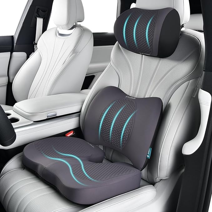 FLORICH 3 PCS Seat Cushion for Carseat Lumbar Support Pillow Car Neck Headrest Pillows Memory Foam Gel Memory Foam Massage Point Seat Pads Pressure Relief Back Cushion for Office Chair(Grey)