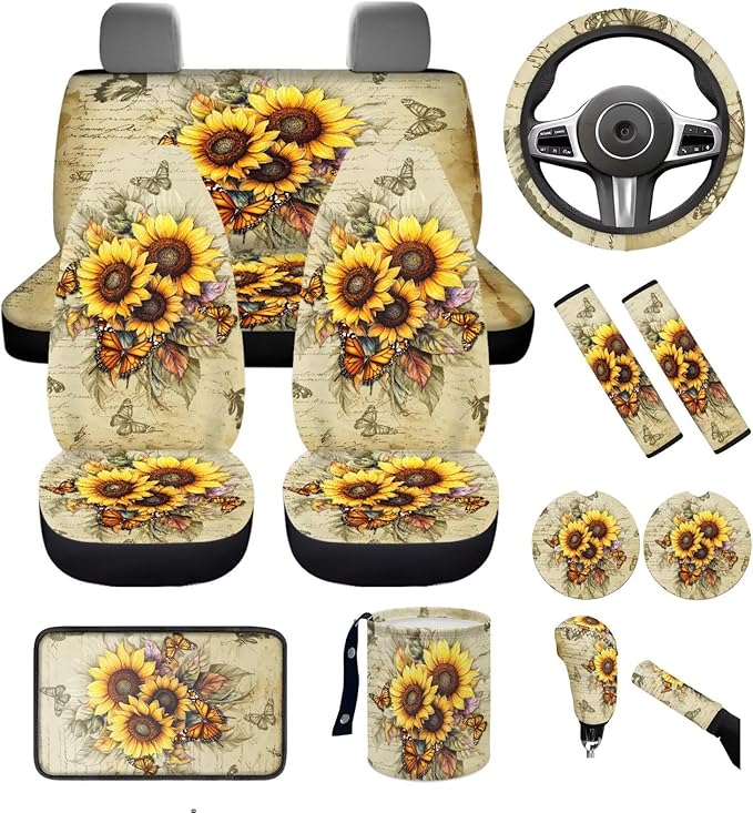 Dngkaoje Sunflower Butterfly Car Seat Cover Full Set for Front and Back,13 Pcs Automotive Accessories Set Vintageul Sunflowers Print Armrest Cover Protector,Seat Belt Pads,Handbrake Shift Covers