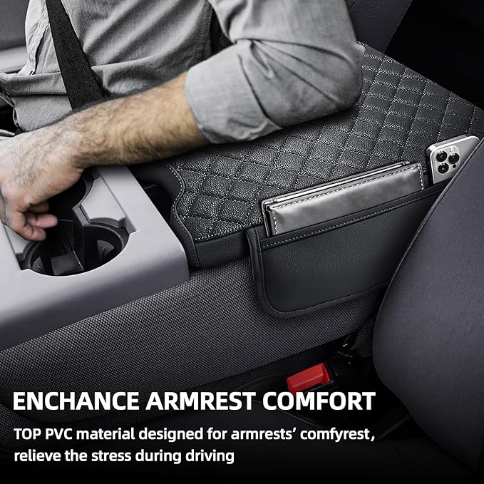 Center Console Cover Compatible with 2015-2025 Ford F150,2017-2025 F250 F350 F450 with 40/20/40 Jump Seat Armrest Accessories, Leather Armrest Cover with 2 Side Pockets Black (Only Jump Seat)