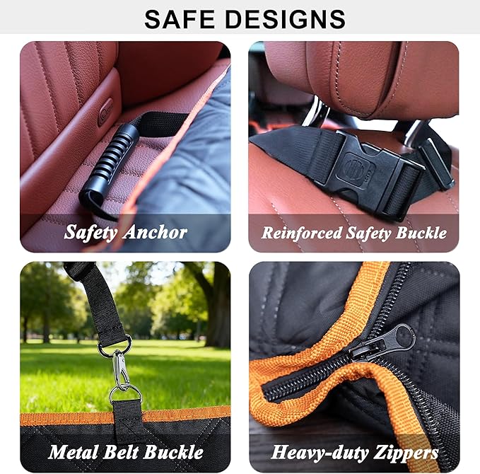 VIVASNIFF Hard Bottom Back Seat Extender for Dogs, Waterproof Dog Car Seat Cover, 420lb Support, 600D Heavy Duty Car Seat Protector Dog Hammock for Sedan, SUV, Small Truck(Black & Orange)