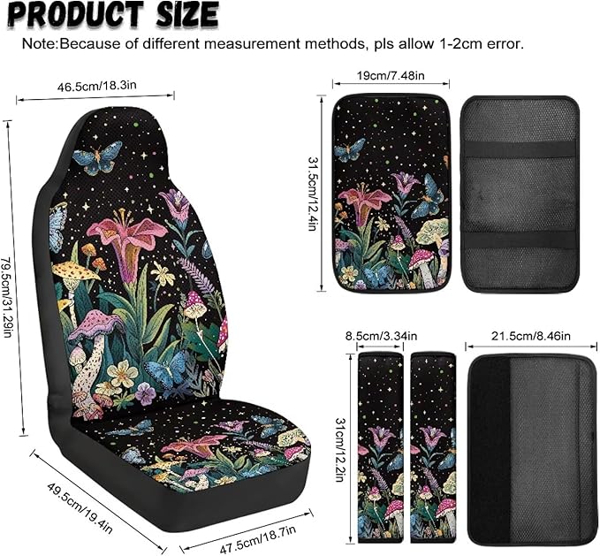 Psesaysky Anti-Scratch Leather Car Interior Set: Mushroom Butterfly Floral 2 Front Seat Covers + 2 Seat Belt Protectors + 1 Armrest Pad Compatible with Most Vehicles