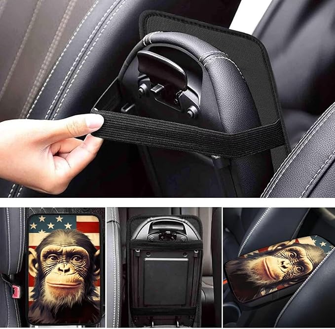 Car Center Console Pad, Universal Waterproof Car Armrest Seat Box Cover, Car Interior Accessories for Most Vehicle SUV Truck Vintage American Flag Monkey Car Armrest Pad